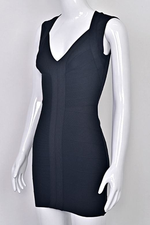 Classic Black Deep V-Neck Center Panel Bandage Bodycon Mini Dress