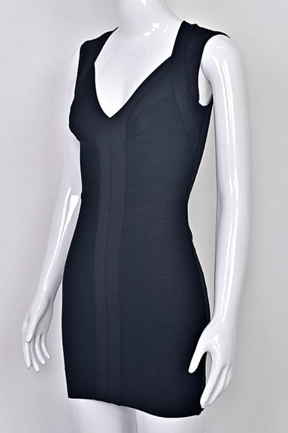 Classic Black Deep V-Neck Center Panel Bandage Bodycon Mini Dress