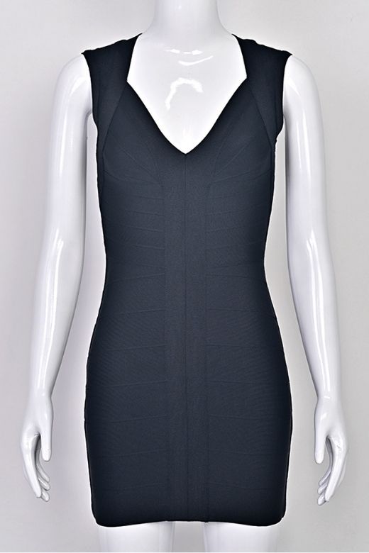 Classic Black Deep V-Neck Center Panel Bandage Bodycon Mini Dress