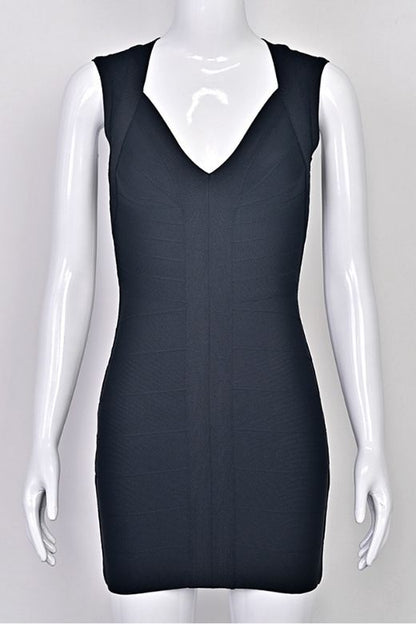 Classic Black Deep V-Neck Center Panel Bandage Bodycon Mini Dress