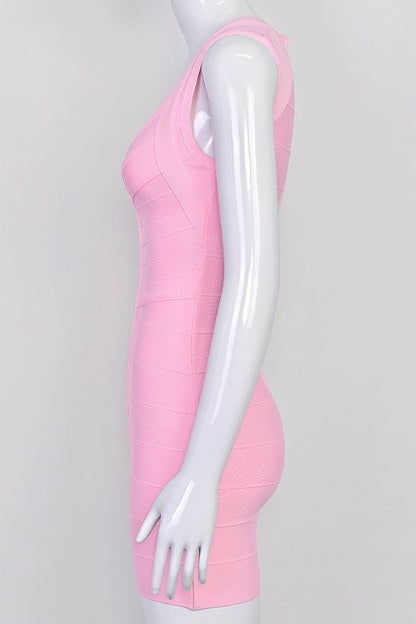 Dusty Pink Deep V-Neck Center Panel Bandage Bodycon Mini Dress