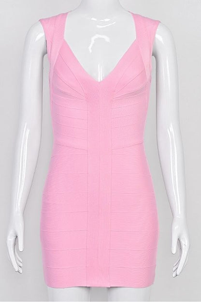 Dusty Pink Deep V-Neck Center Panel Bandage Bodycon Mini Dress