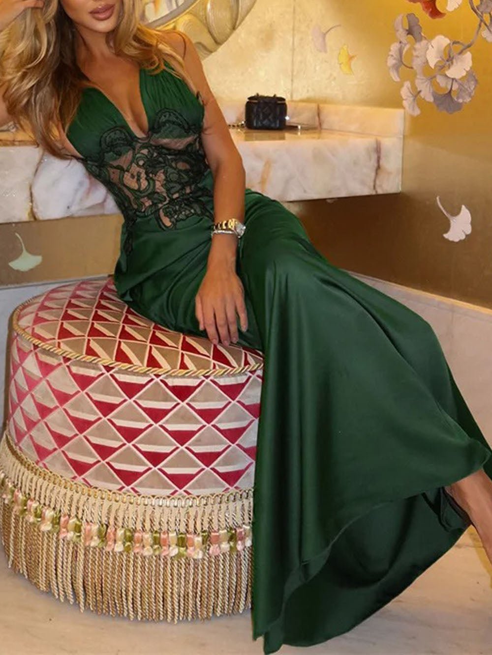 Green Satin Halter Neck Deep V-Neck Lace Applique Mesh Midriff Mermaid Maxi Gown