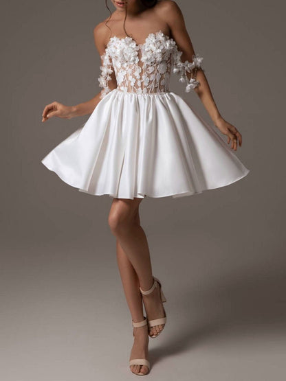 White Lace Corset 3D Floral Off Shoulder Drop Sleeve Satin Mini Dress