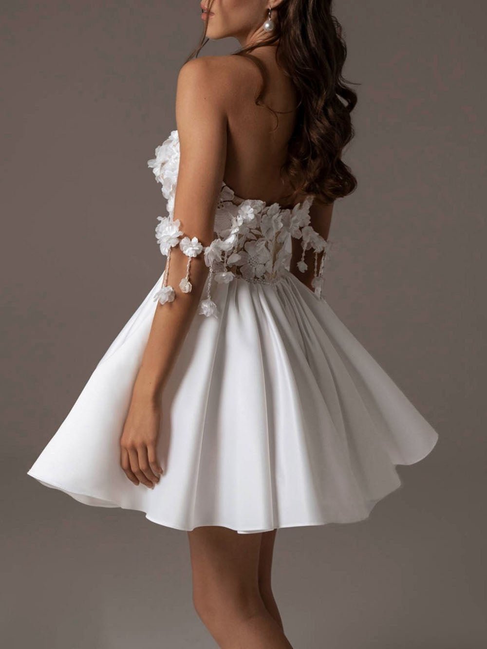 White Lace Corset 3D Floral Off Shoulder Drop Sleeve Satin Mini Dress