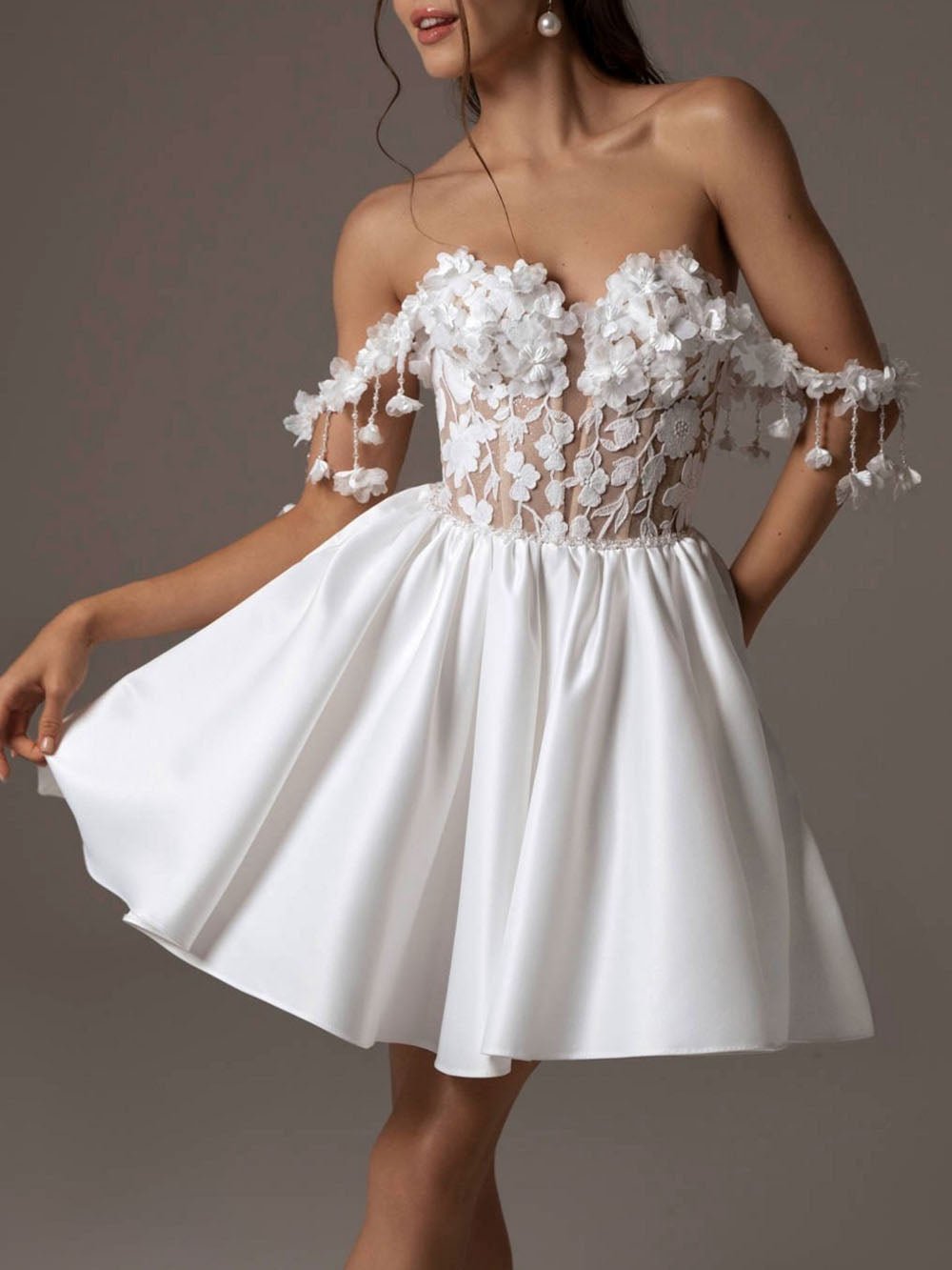 White Lace Corset 3D Floral Off Shoulder Drop Sleeve Satin Mini Dress