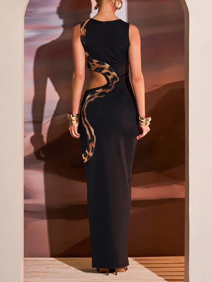 Black Mock Neck Snake Graphic Side Cut Out Bodycon Maxi Dress