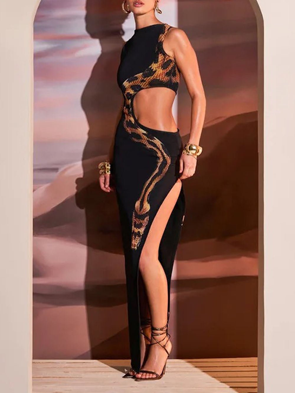 Black Mock Neck Snake Graphic Side Cut Out Bodycon Maxi Dress