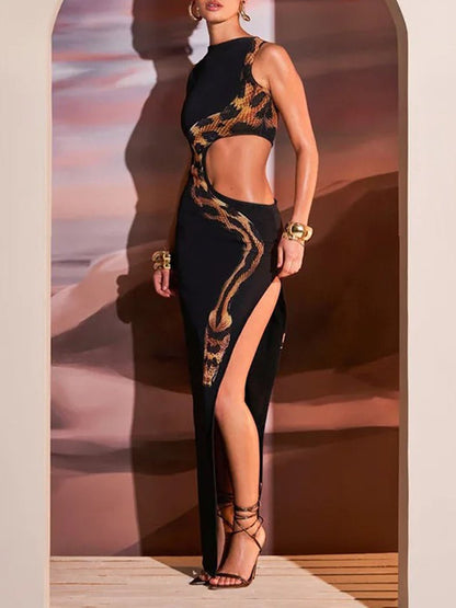 Black Mock Neck Snake Graphic Side Cut Out Bodycon Maxi Dress