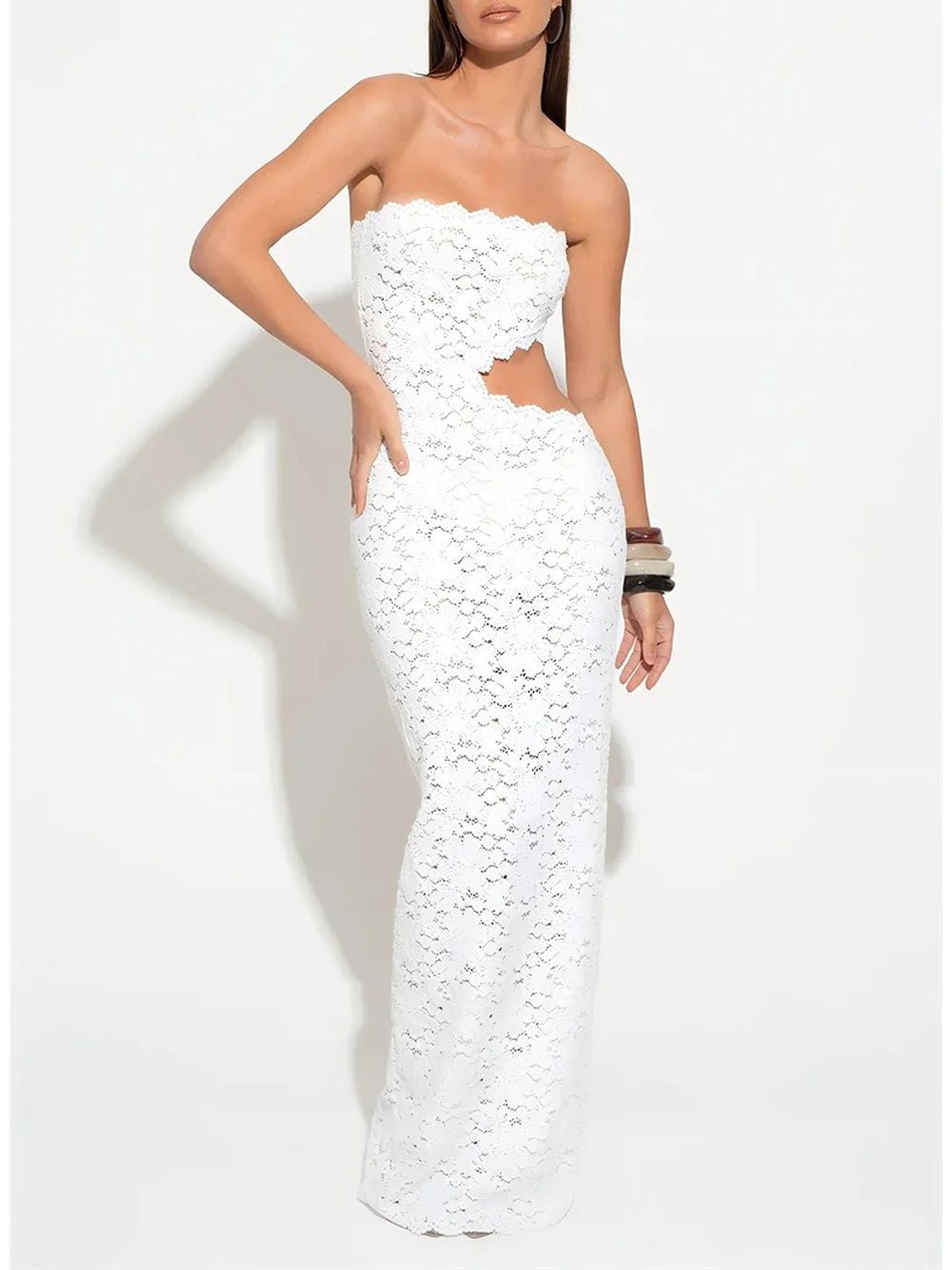 White Lace Strapless Side Cut Out Scalloped Hem Column Maxi Dress