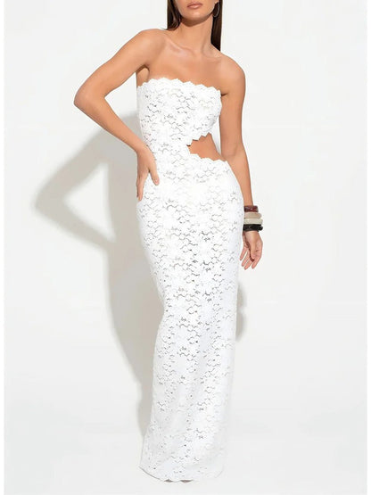 White Lace Strapless Side Cut Out Scalloped Hem Column Maxi Dress