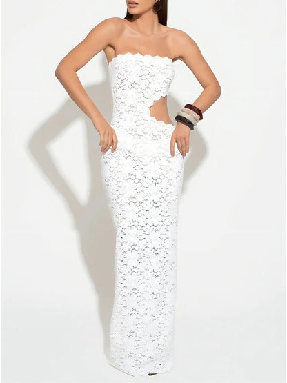 White Lace Strapless Side Cut Out Scalloped Hem Column Maxi Dress