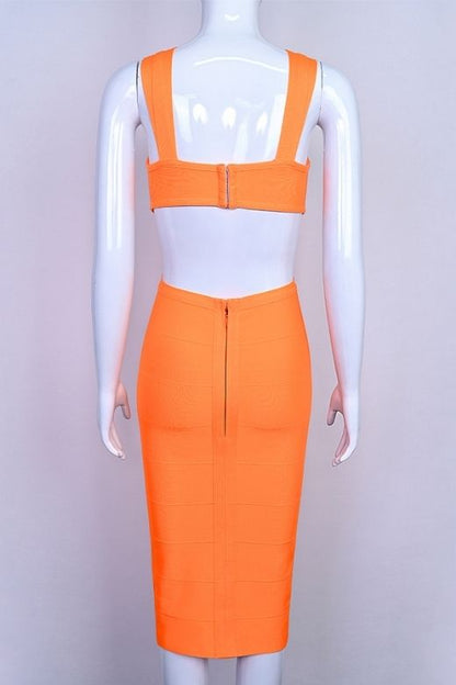 Apricot Orange Crisscross Halter Cut Out Corset Bandage Bodycon Midi Dress