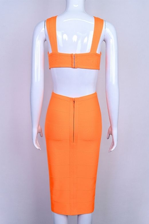 Apricot Orange Criss Cross Halter Corset Cut Out Bandage Midi Dress