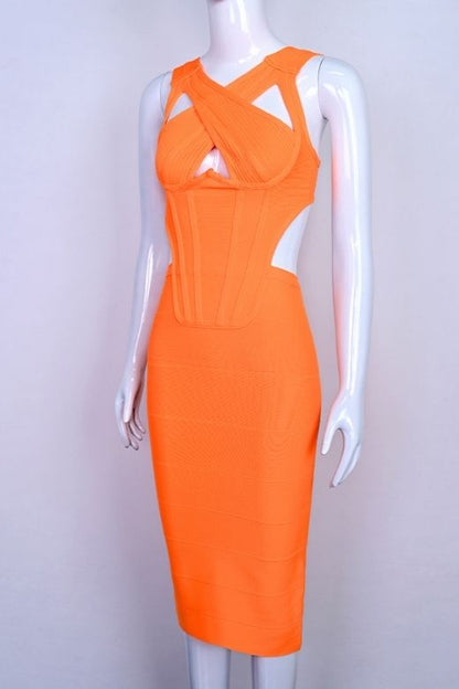 Apricot Orange Criss Cross Halter Corset Cut Out Bandage Midi Dress