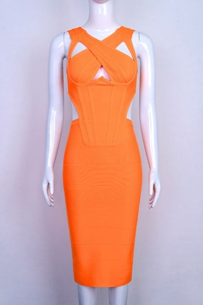 Apricot Orange Crisscross Halter Cut Out Corset Bandage Bodycon Midi Dress