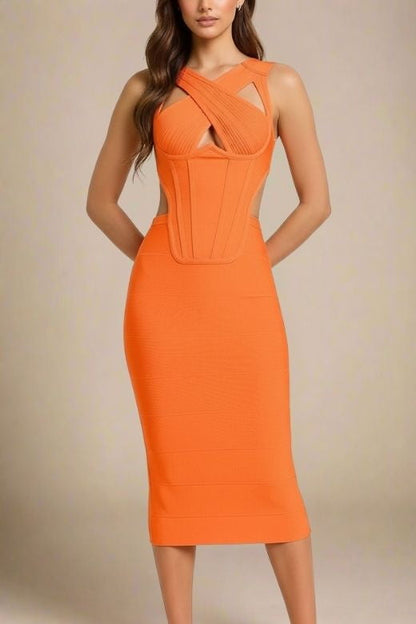 Apricot Orange Crisscross Halter Cut Out Corset Bandage Bodycon Midi Dress