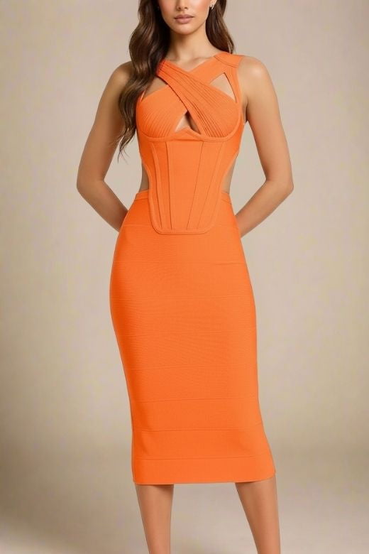 Apricot Orange Criss Cross Halter Corset Cut Out Bandage Midi Dress