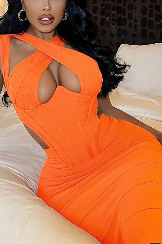 Apricot Orange Criss Cross Halter Corset Cut Out Bandage Midi Dress