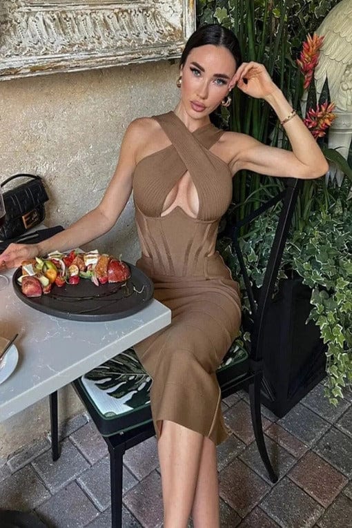 Apricot Orange Criss Cross Halter Corset Cut Out Bandage Midi Dress