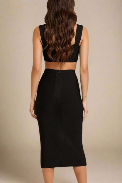 Classic Black Criss Cross Halter Corset Cut Out Bandage Midi Dress