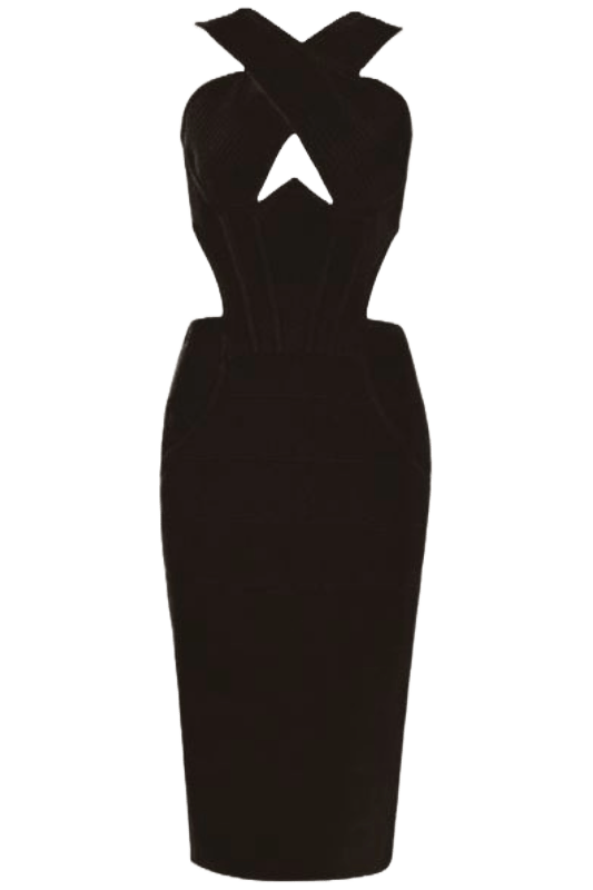 Classic Black Criss Cross Halter Keyhole Cut Out Bandage Corset Skirt Two Piece Set