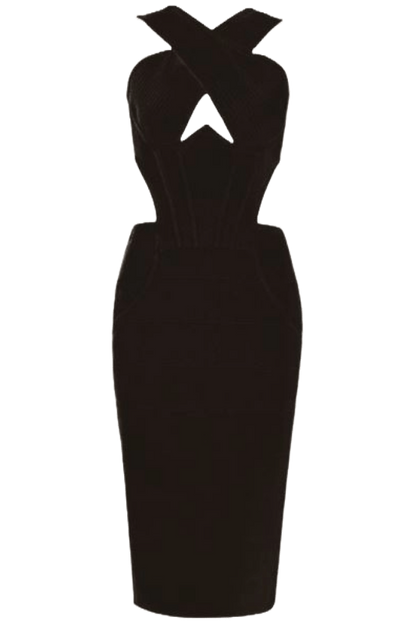 Classic Black Criss Cross Halter Keyhole Cut Out Bandage Corset Skirt Two Piece Set