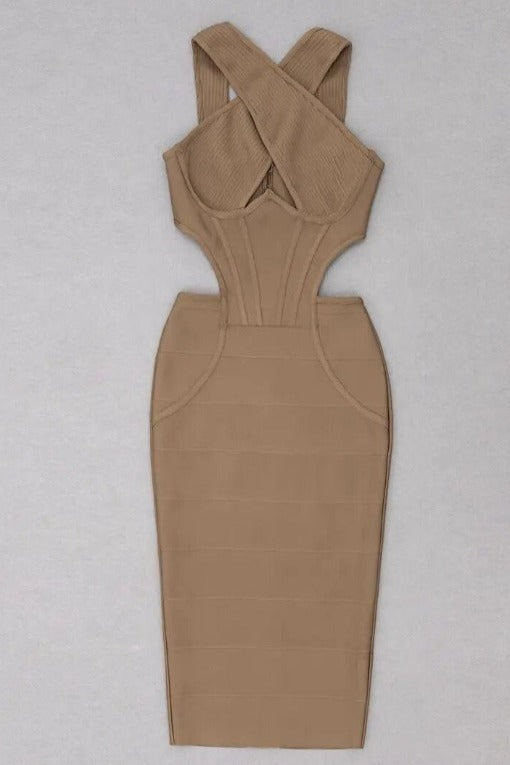 Classic Black Criss Cross Halter Corset Cut Out Bandage Midi Dress