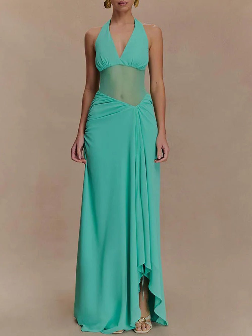 Halter Neck Deep V-Neck Mesh Waist Panel Gathered Drape High Split Maxi Dress