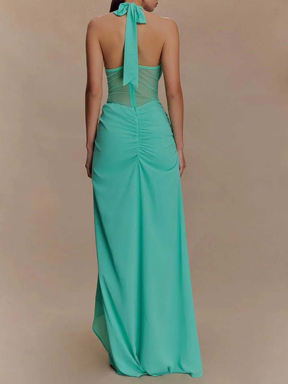 Halter Neck Deep V-Neck Mesh Waist Panel Gathered Drape High Split Maxi Dress