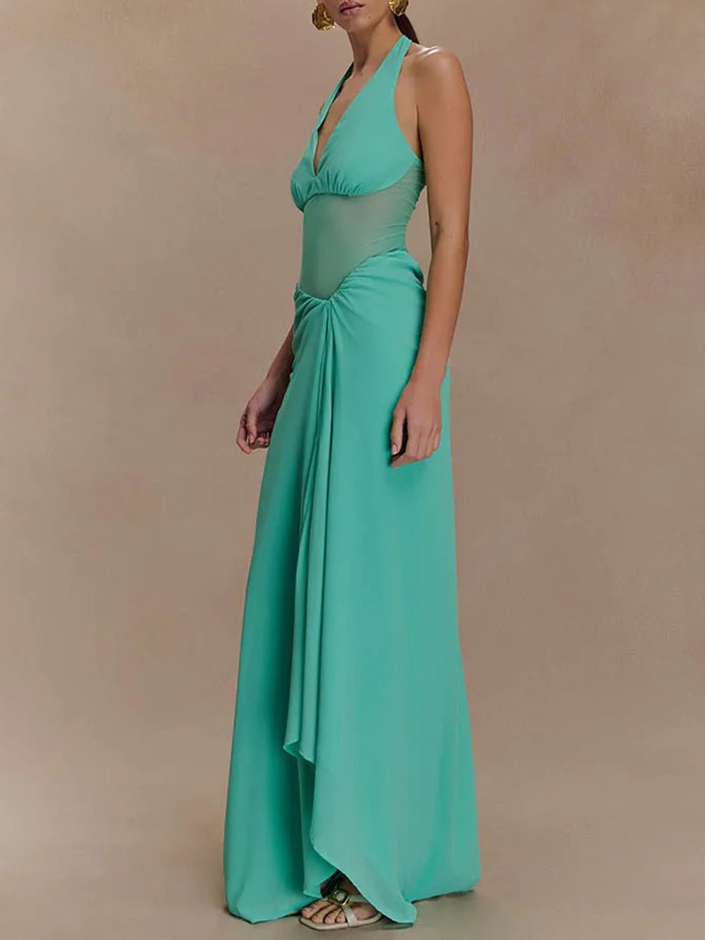 Halter Neck Deep V-Neck Mesh Waist Panel Gathered Drape High Split Maxi Dress