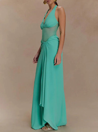Halter Neck Deep V-Neck Mesh Waist Panel Gathered Drape High Split Maxi Dress
