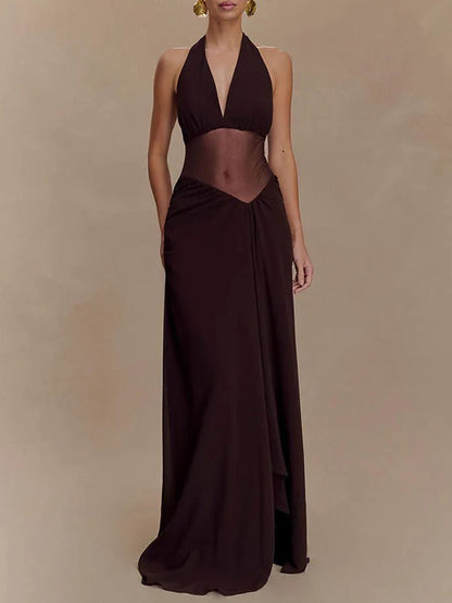 Halter Neck Deep V-Neck Mesh Waist Panel Gathered Drape High Split Maxi Dress