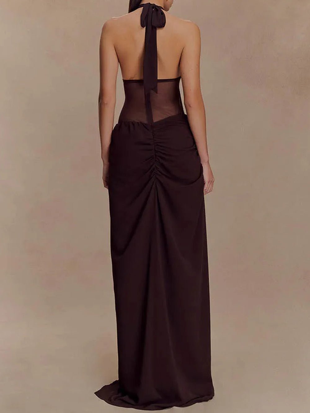 Halter Neck Deep V-Neck Mesh Waist Panel Gathered Drape High Split Maxi Dress