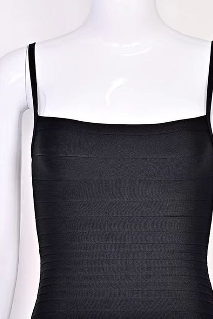 Classic Black Square Neck Spaghetti Strap Bandage Bodycon Mini Dress