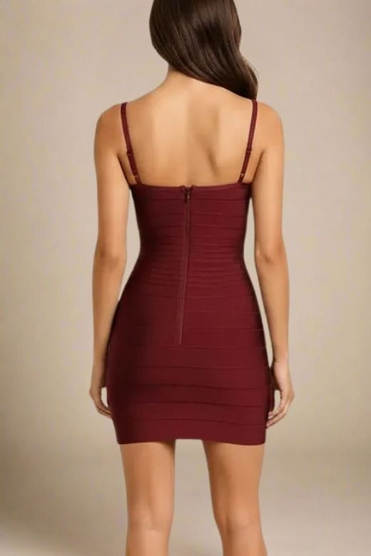 Red Wine Square Neck Spaghetti Strap Bandage Bodycon Mini Dress