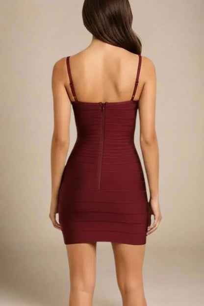 Red Wine Square Neck Spaghetti Strap Bandage Bodycon Mini Dress