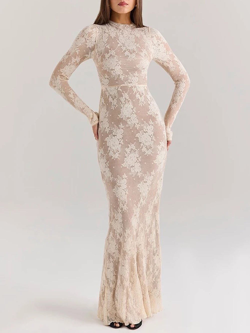 White Lace Floral Mock Neck Long Sleeve Scalloped Cuff Bodycon Maxi Dress