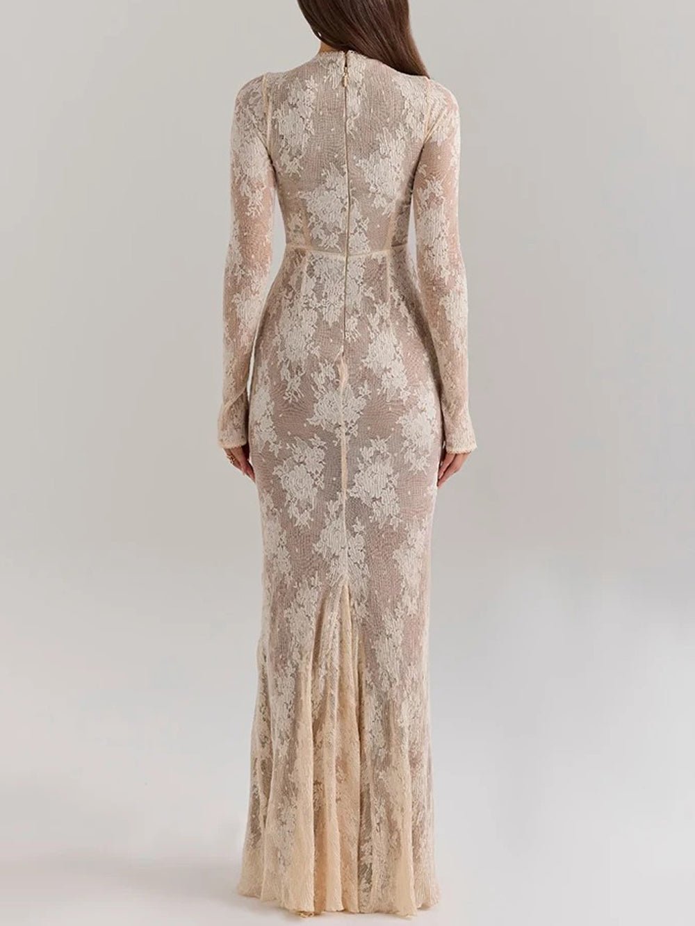 White Lace Floral Mock Neck Long Sleeve Scalloped Cuff Bodycon Maxi Dress