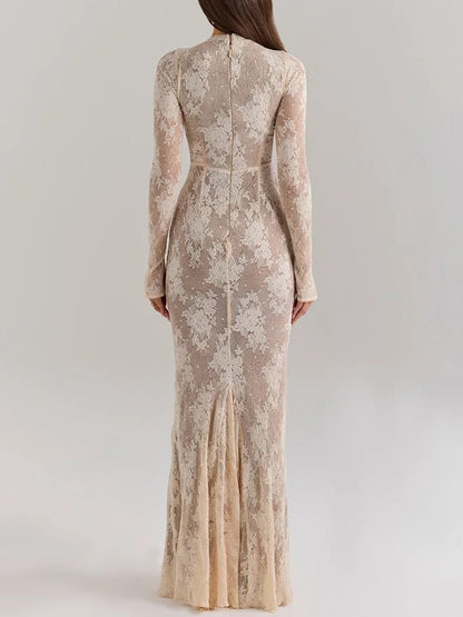 White Lace Floral Mock Neck Long Sleeve Scalloped Cuff Bodycon Maxi Dress
