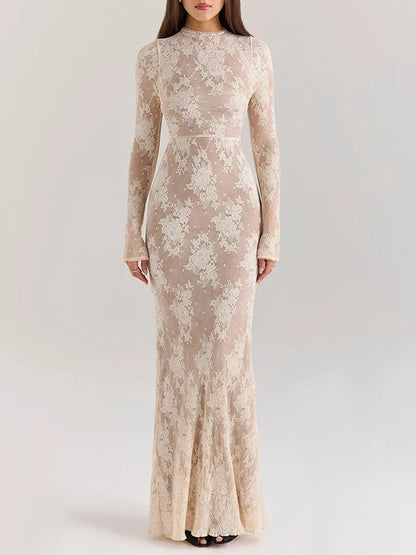 White Lace Floral Mock Neck Long Sleeve Scalloped Cuff Bodycon Maxi Dress