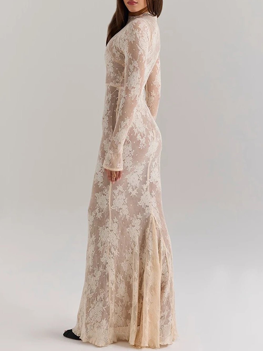 White Lace Floral Mock Neck Long Sleeve Scalloped Cuff Bodycon Maxi Dress