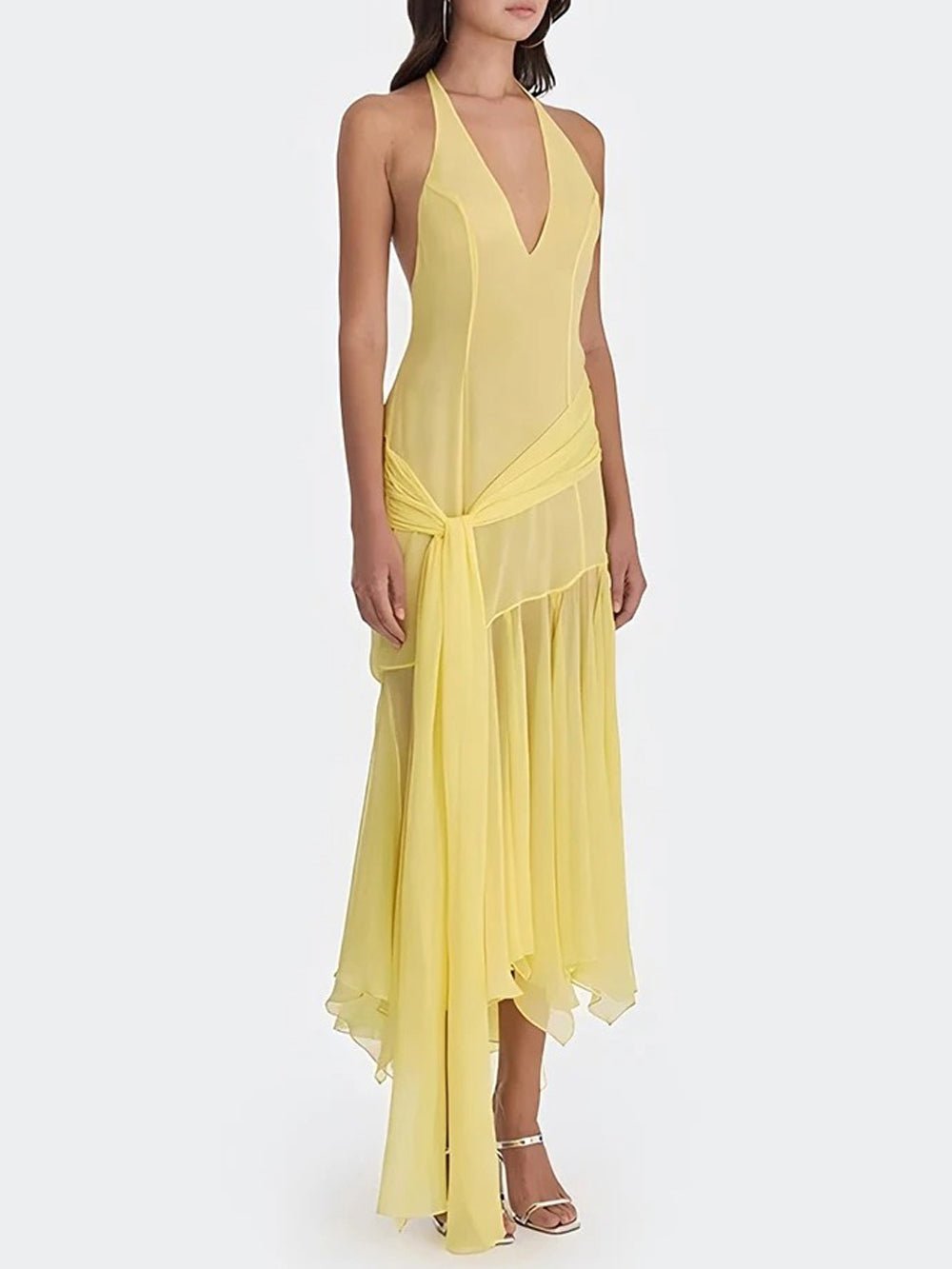 Halter Neck Deep V-Neck Ruched Sash Draped Tiered Midi Dress