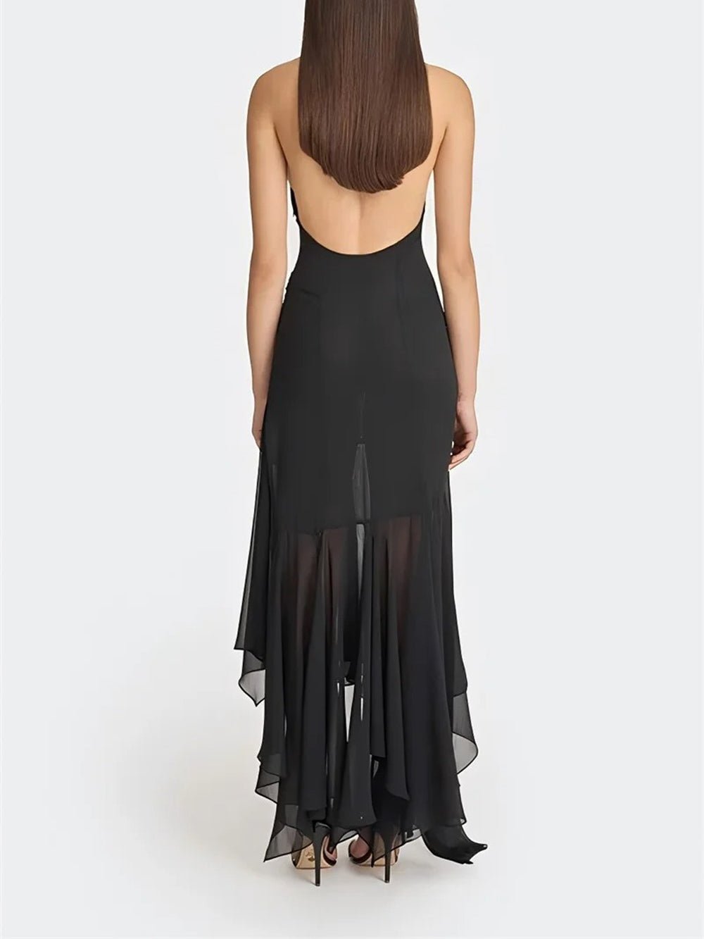Halter Neck Deep V-Neck Ruched Sash Draped Tiered Midi Dress