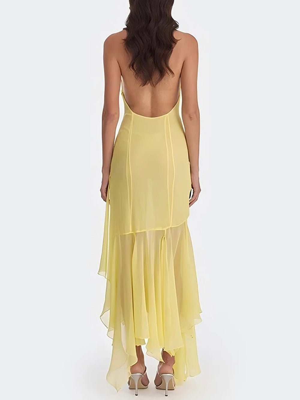 Halter Neck Deep V-Neck Ruched Sash Draped Tiered Midi Dress