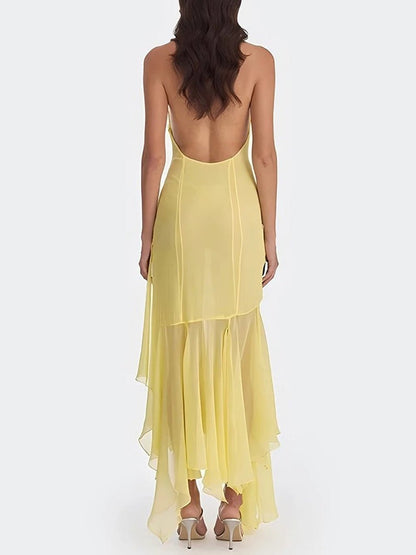 Halter Neck Deep V-Neck Ruched Sash Draped Tiered Midi Dress