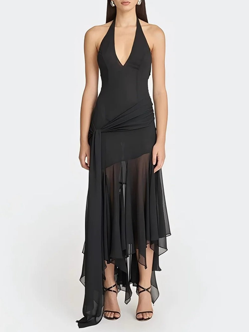 Halter Neck Deep V-Neck Ruched Sash Draped Tiered Midi Dress