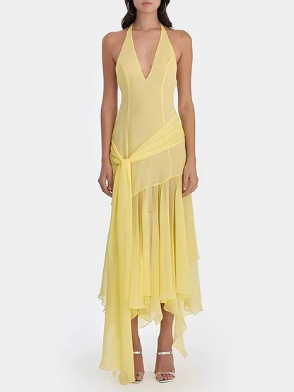 Halter Neck Deep V-Neck Ruched Sash Draped Tiered Midi Dress
