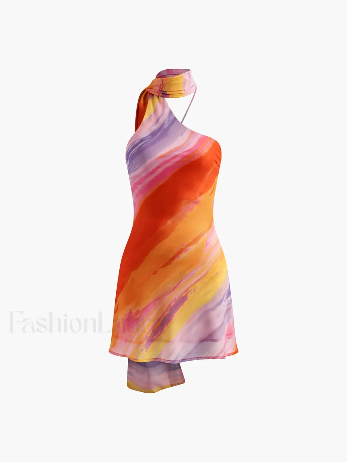 Semi-Sheer Halter Backless Tie Dye Short Dress