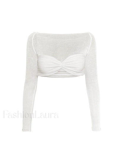 Semi-Sheer Off-Shoulder Mesh Crop T-Shirt